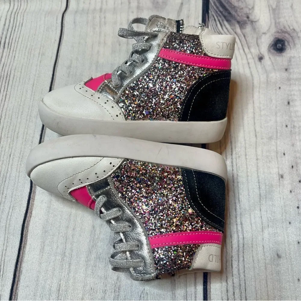 Style Child Ella High Top Sneakers Pink White &‎ Black Glitter Size EU 24 US 8